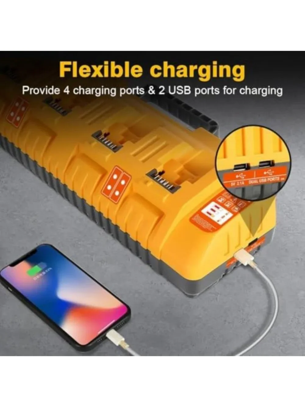 20V MAX Battery Charger Station - 4 Port Multi Charger with 2 USB Ports